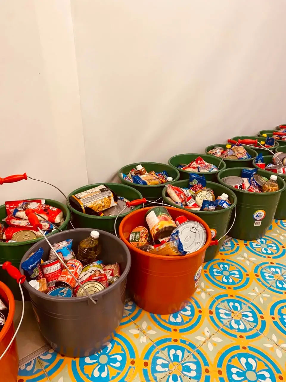 Recipientes organizados con alimentos y productos de apoyo para las familias.